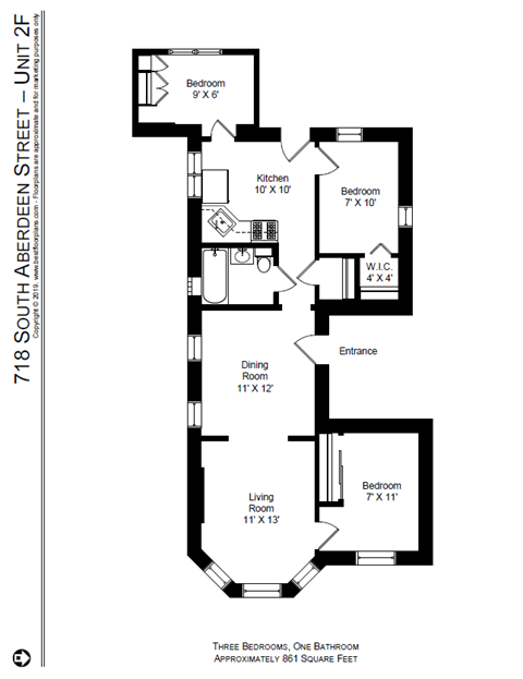 Floor plan for 3 beds, 1 bath, 861 sqft